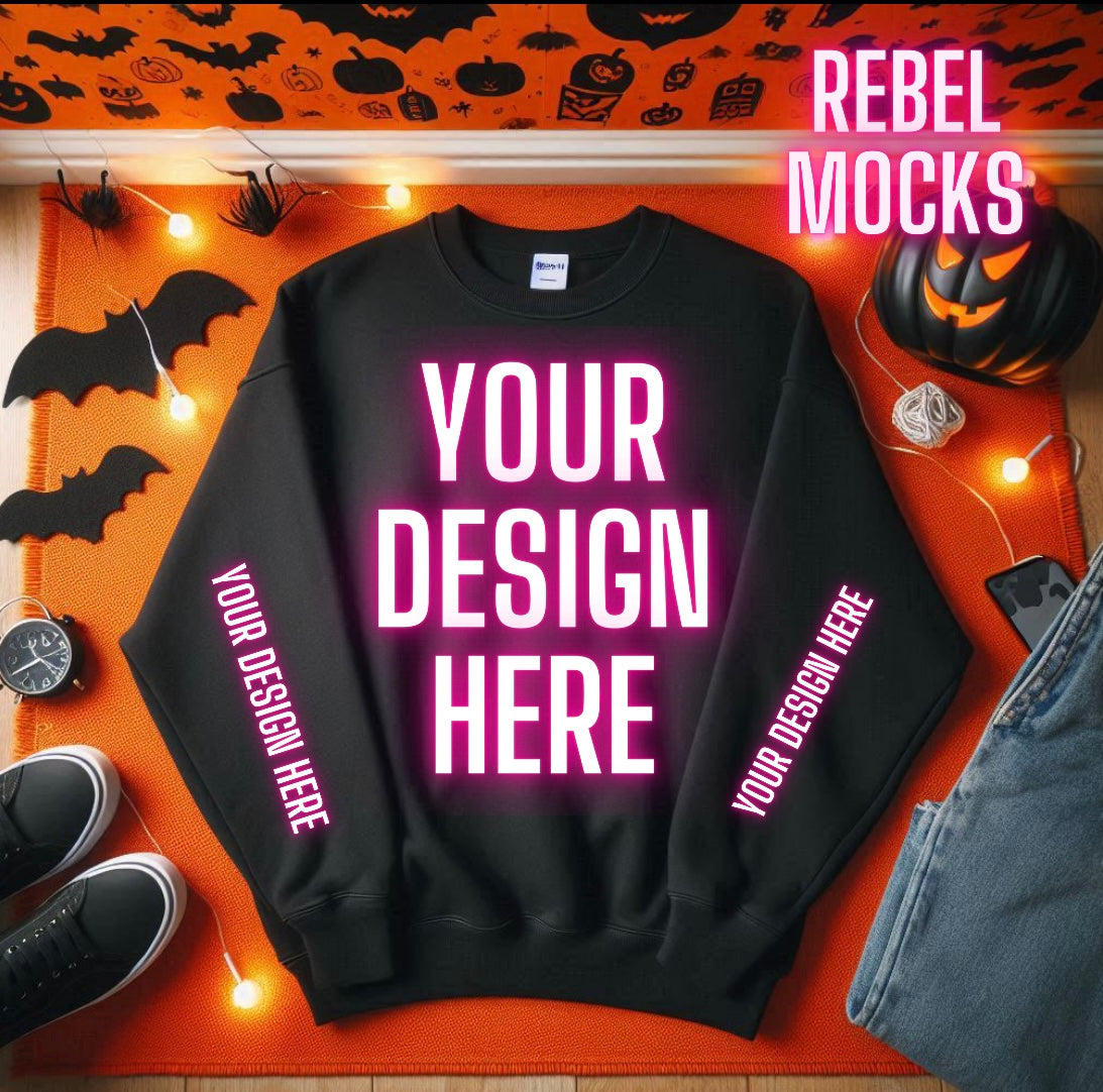 Black Crew Neck Mock Up Trendy Edgy Spooky  Vibes Flat Lay