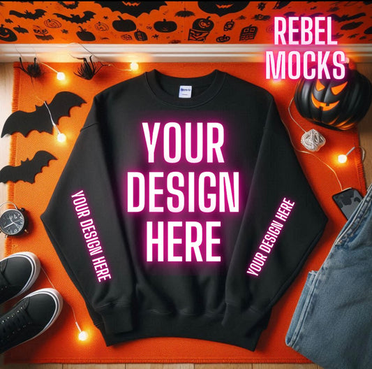 Black Crew Neck Mock Up Trendy Edgy Spooky  Vibes Flat Lay
