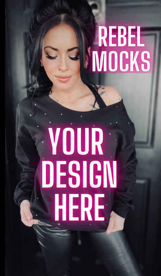 Rhinestone BLING Off Shoulder Black Crew Sweatshirt Model Mock Up