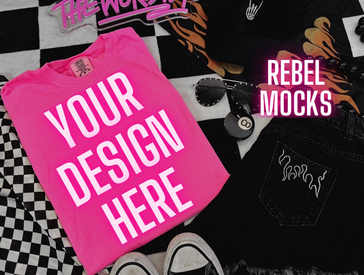 Comfort Colors Neon Pink Tee Alternative Flat Lay Mock Up