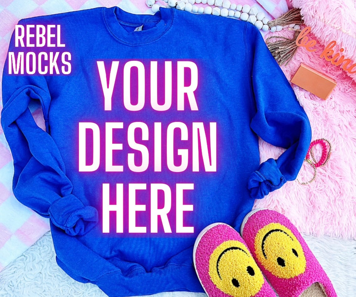 Royal Blue Crewneck Sweatshirt Happy Vibes TRENDING Flat Lay Mock up