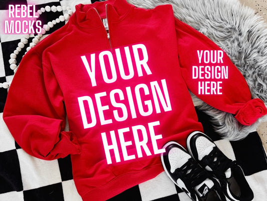 Red 1/4 Zip Up Sweatshirt Jerzees Trendy Mock Up Flat Lay