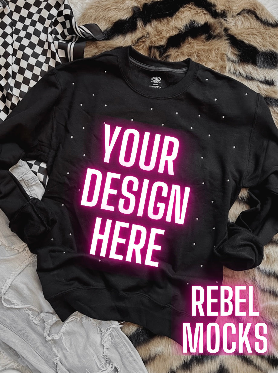 Rhinestone BLING Black Crew Sweatshirt Flat Lay Mock Up