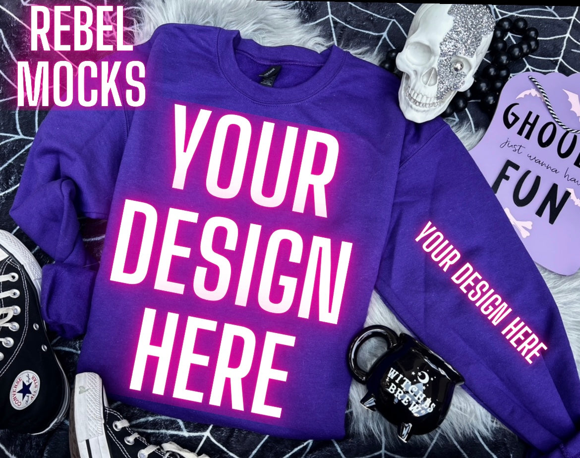 Purple Gildan Crew Neck Sweatshirt Mock Up Flat Lay