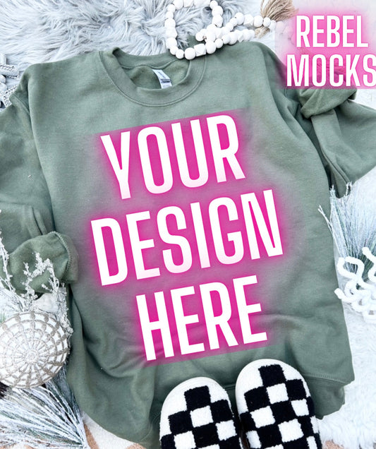 Military Green Gildan Sweatshirt Crewneck Neutral Holiday Winter Flat Lay Mock Up Checkered