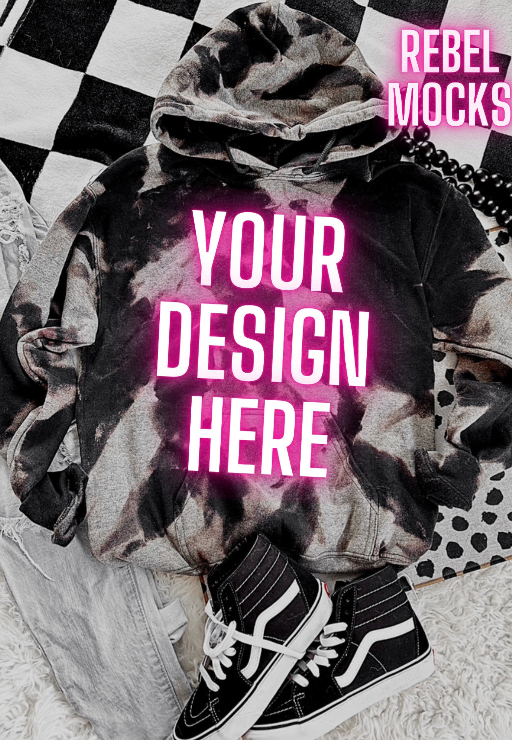 Black Acid Wash Hoodie Sweatshirt Flat Lay Mock Up TRENDING VIBES