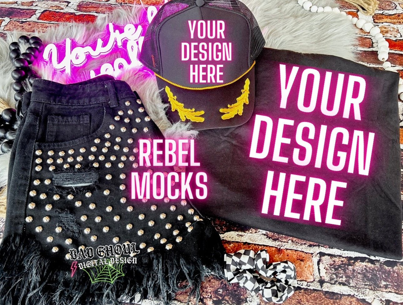 Black Tee and Hat EDGY Flat Lay Mock Up trendy