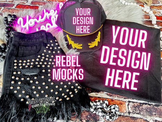 Black Tee and Hat EDGY Flat Lay Mock Up trendy