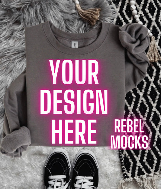 Gildan Charcoal Crew Sweatshirt Flat Lay Mock Up TRENDING