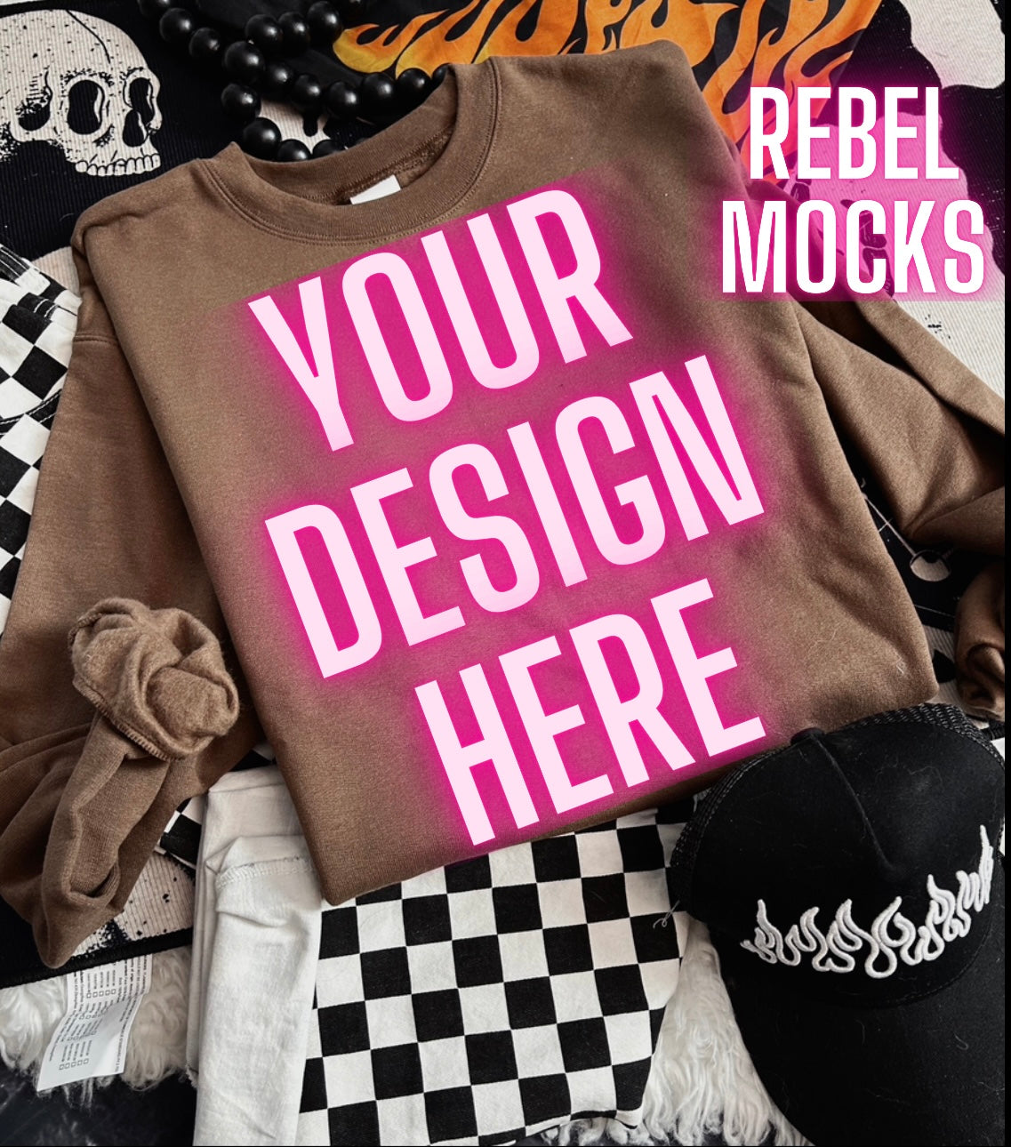Army Brown Crewneck Sweatshirt Edgy Alt Flat Lay Checkered Mock up