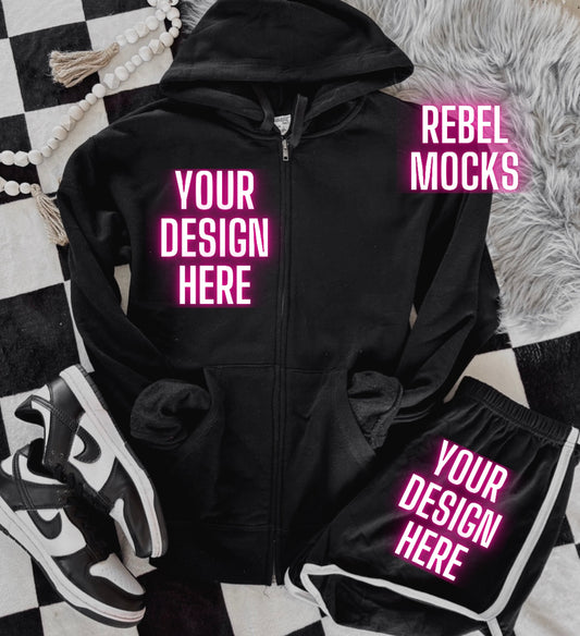 Black Zip UP Hoodie Sweatshirt Trendy Mock Up