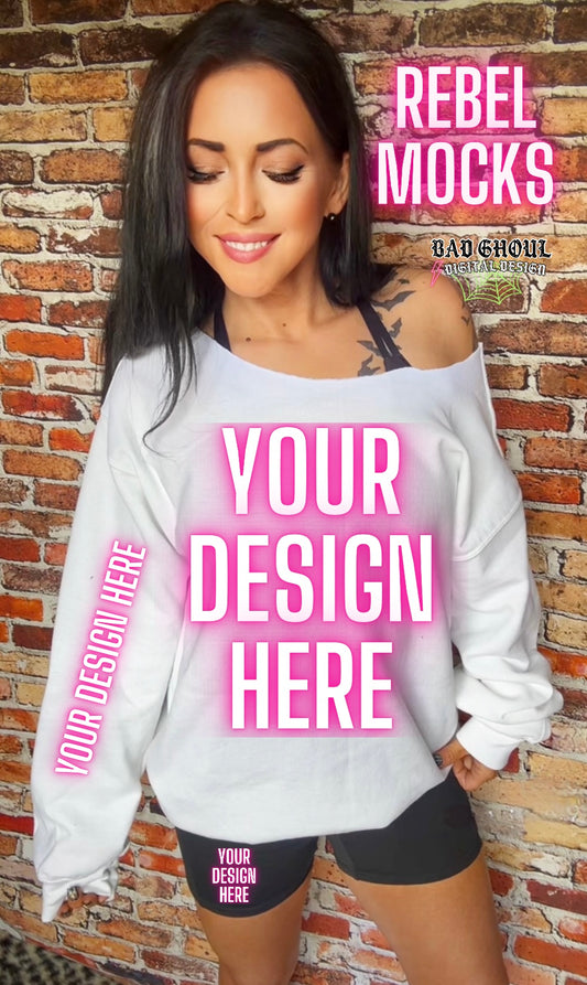 White Off Shoulder Crew & Shorts Model Mock Up trendy
