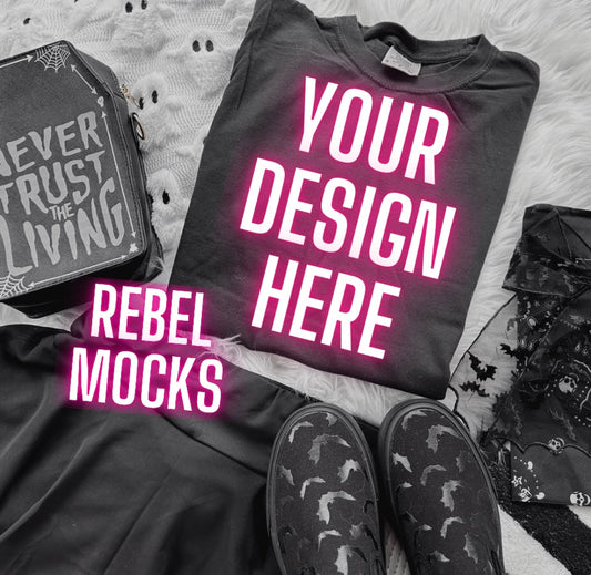 Black Tee Edgy Alt Flat Lay Mock up