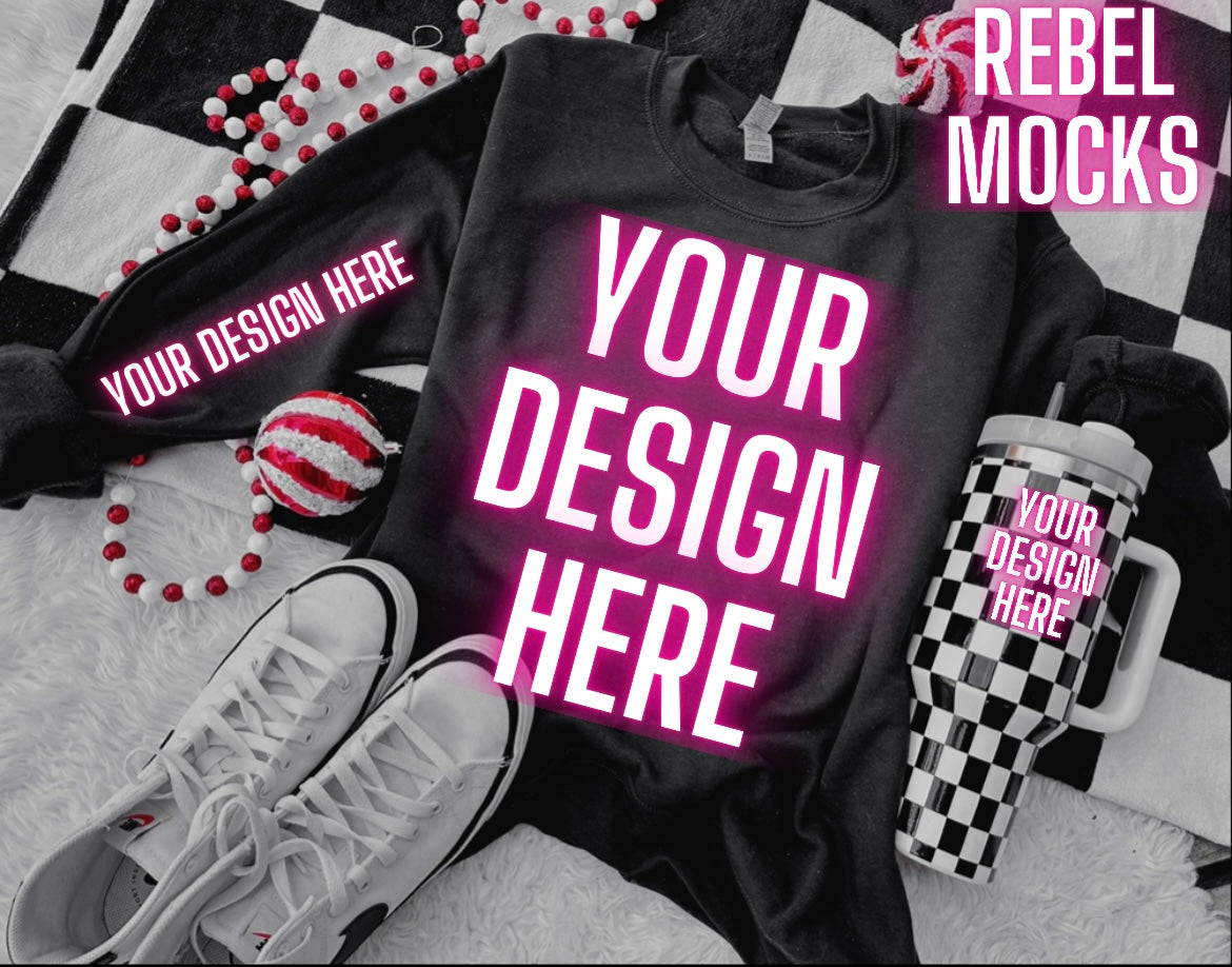 Black Crew Neck Sweatshirt Holiday Flat Lay Mock Up