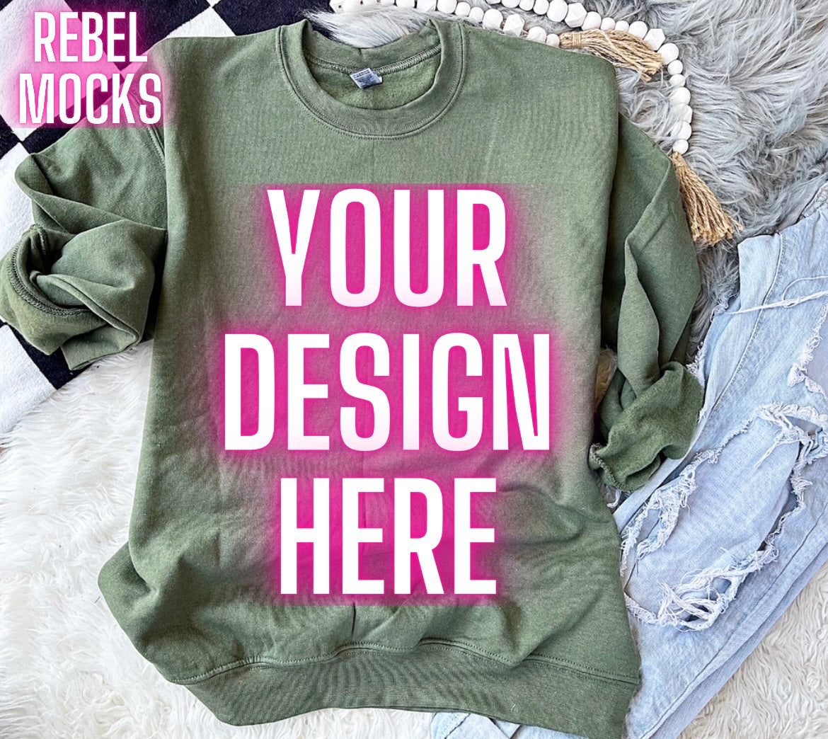 Gildan Military Green Sweatshirt Crew Neck Trendy Mock Up Flat Lay