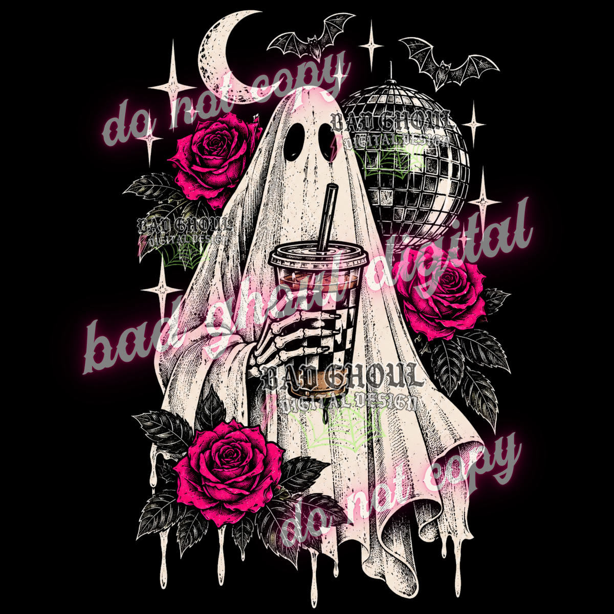 Skellie Ghostie + Iced Coffee | PNG DOWNLOAD BLACK FAB ONLY