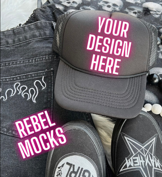 Black Alt Trucker hat Mock Up Trendy Edgy Vibes Flat Lay
