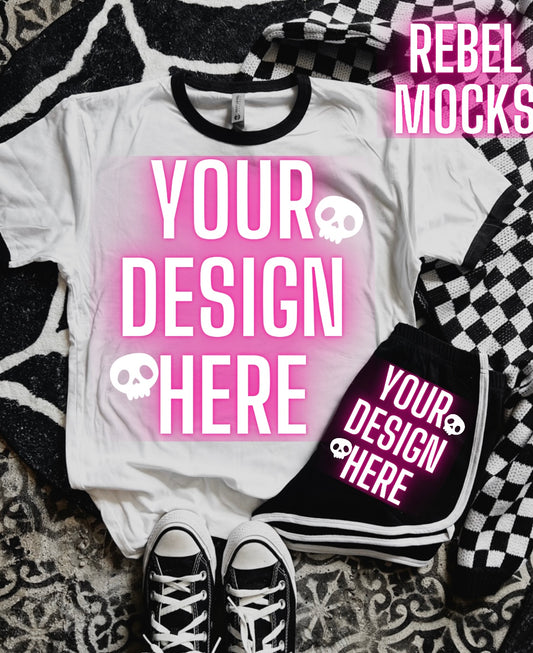 Black and White Ringer Tee Flat Lay Edgy alt Vibes Mock Up