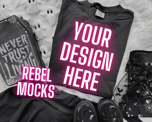 Black Tee Edgy Alt Flat Lay Mock up