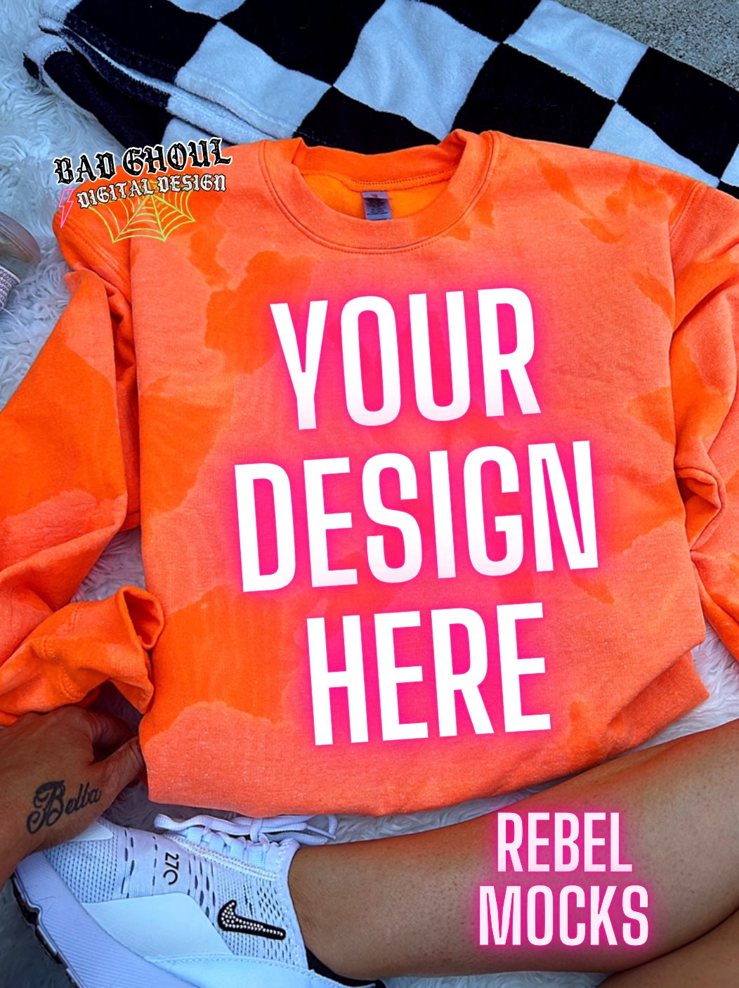 Neon Orange Acid wash Crew Neck Sweatshirt Flat Lay Mock Up TRENDING VIBES