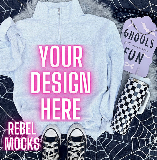 Jerzee 1/4 Zip Ash Sweatshirt Mock Up Flat Lay