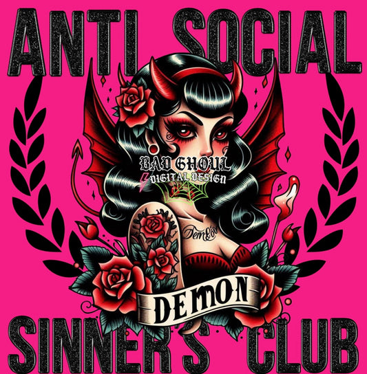 Faux glitter embroidered Anti Social Sinners Club PNG download