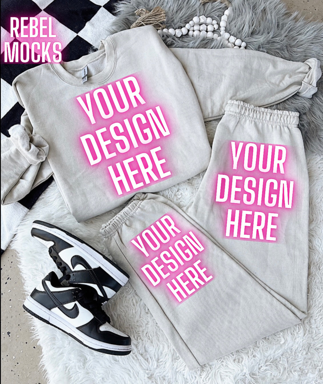 Sand Gildan Sweat Set  Trendy Mock Up Flat Lay