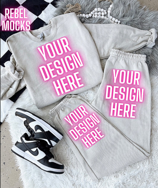 Sand Gildan Sweat Set  Trendy Mock Up Flat Lay