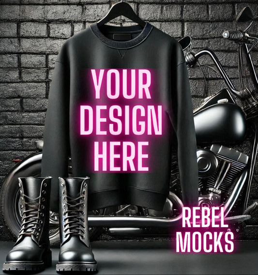 Black Crew Neck Sweatshirt  Moto Flat Lay Mock Up