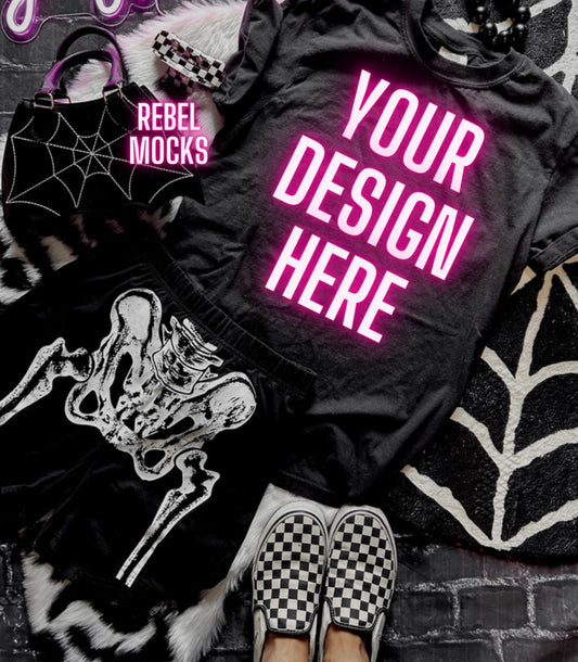 Black Tee and Shorts Mock Up Trendy Edgy Vibes Flat Lay 2 mocks