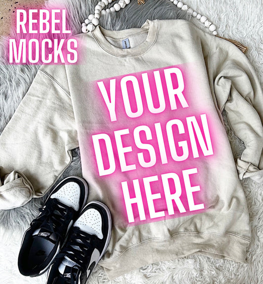 Sand Crew Neck Sweatshirt Gildan Trendy Mock Up Flat Lay