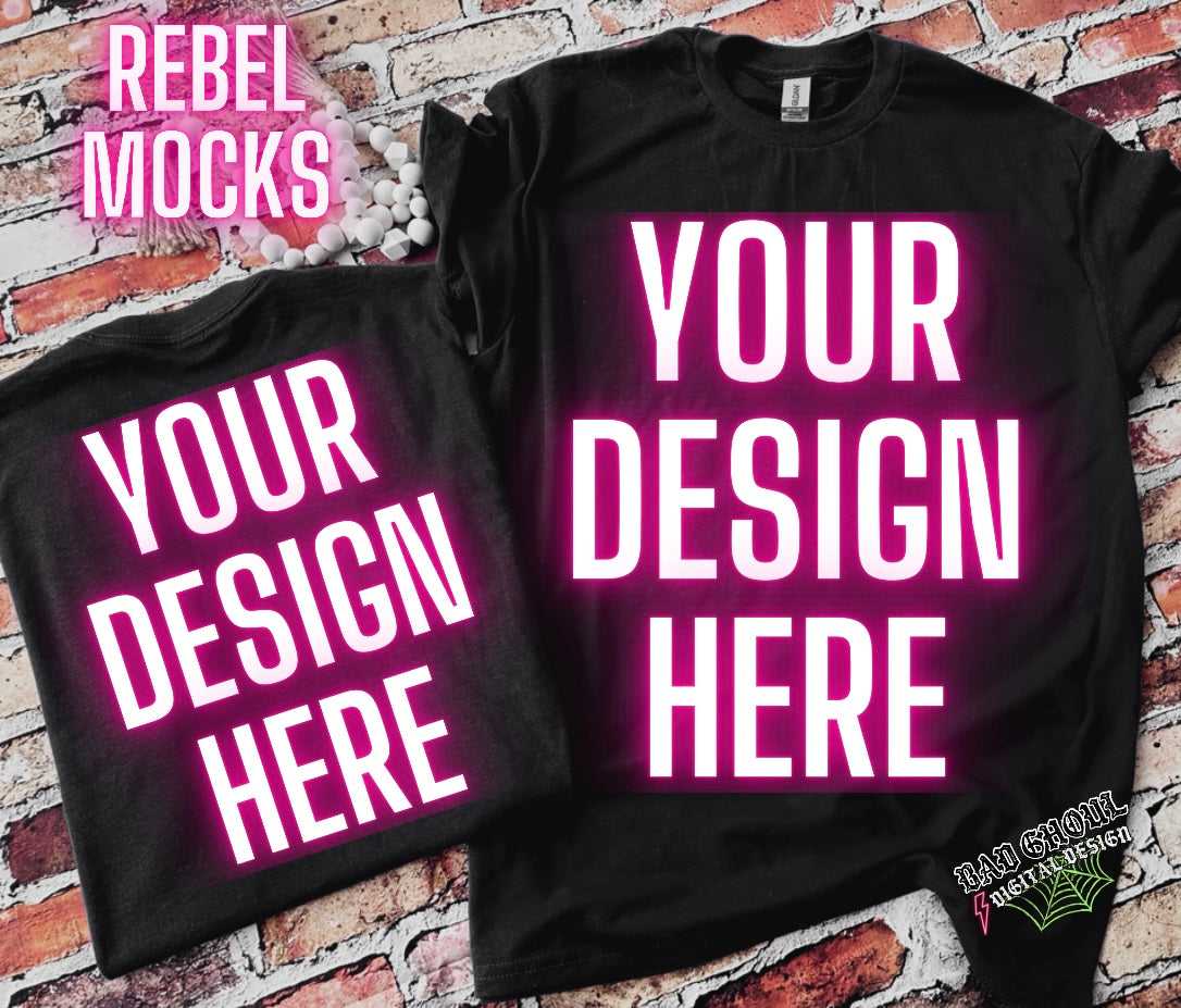 Front and Back Black Tee Flat Lay Mock Up trendy