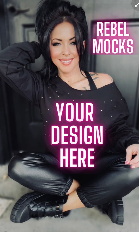 Rhinestone BLING Off Shoulder Black Crew Sweatshirt Model Mock Up