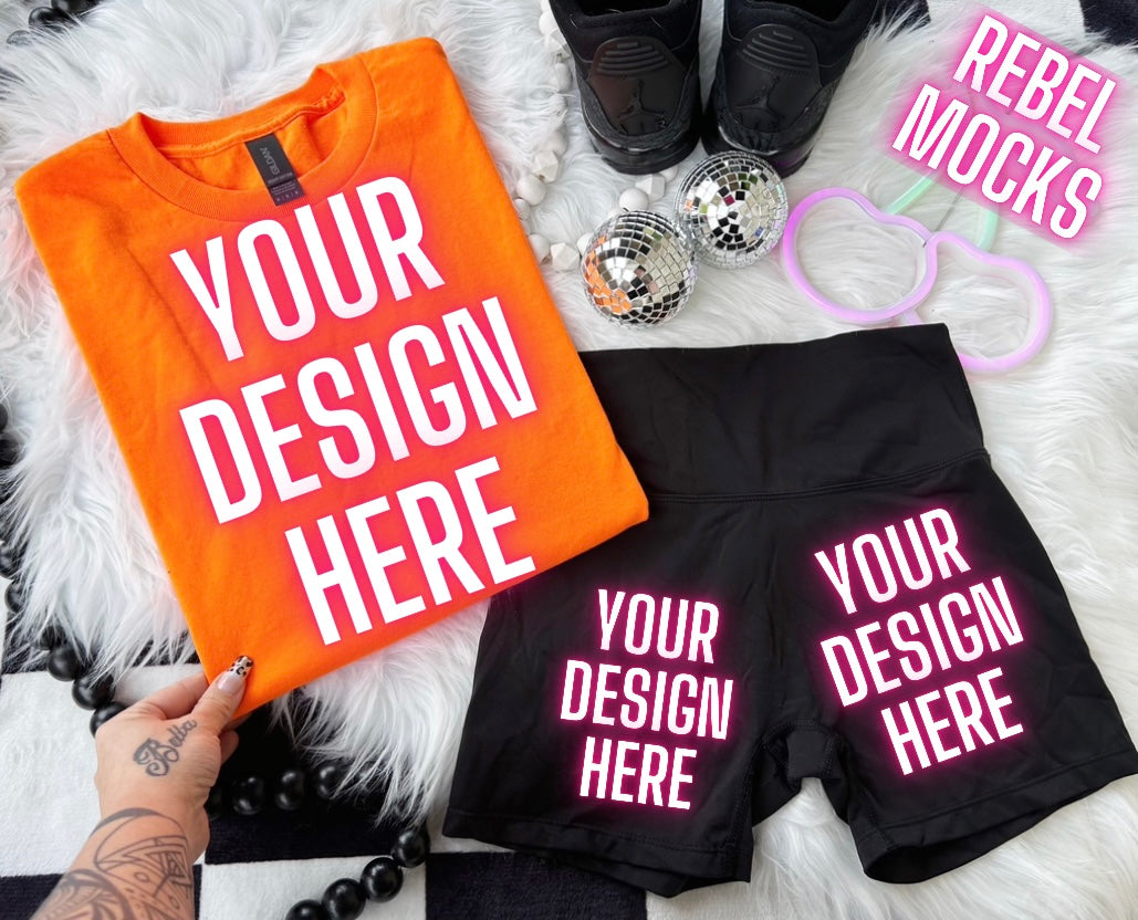 Safety Orange + Biker Shorts Flat Lay Trending Mock Up Flat Lay