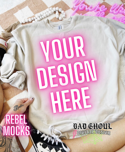 Gildan Sand Crew Neck Flat Lay Mock Up TRENDING