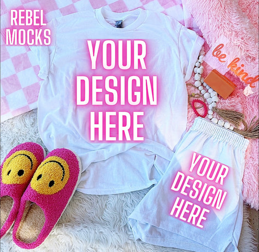 White Tee Happy Vibes TRENDING Flat Lay Mock up