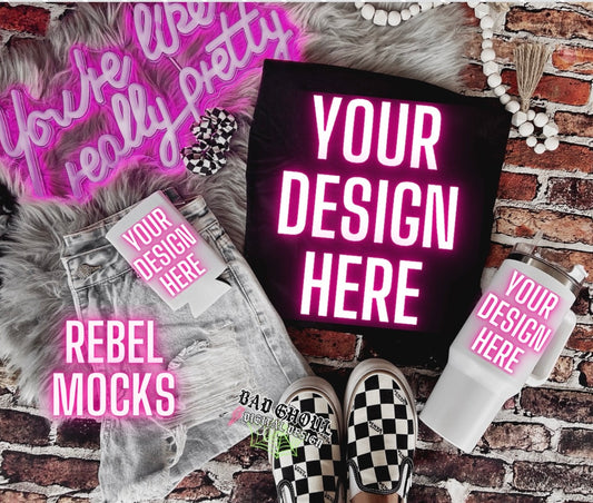 EDGY AF Vibes Black Tee Koozie and Tumbler Flat Lay Mock Up