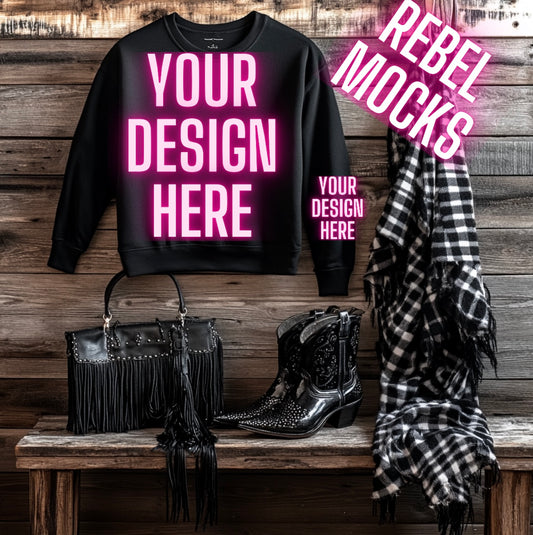 Black Crew Neck Sweatshirt Hanging Mock Up Western Grunge Alt Rock N Roll Vibes