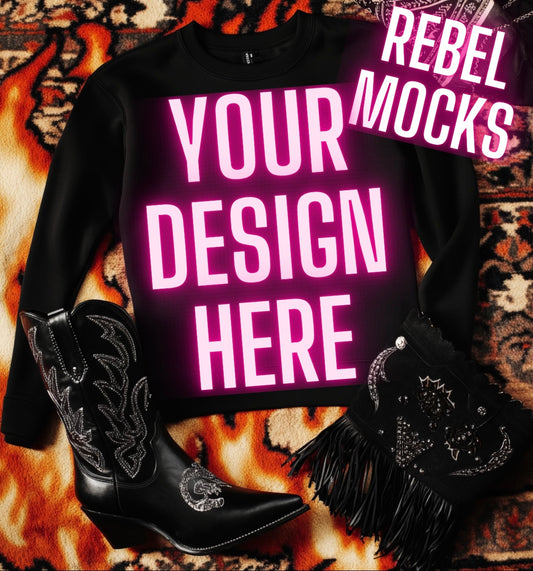 Black Crew Neck Sweatshirt  Flat Lay Mock Up Western Grunge Alt Rock N Roll Vibes