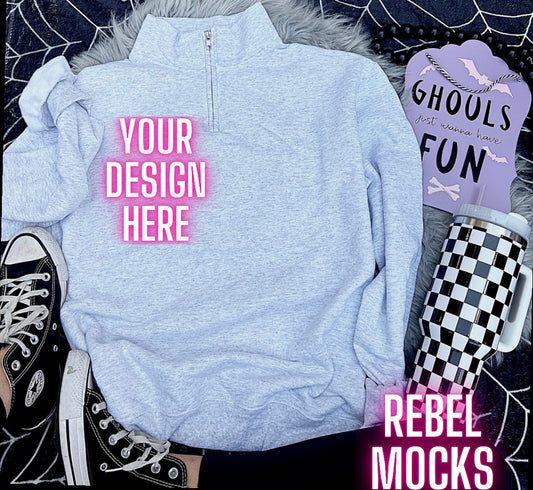 Jerzee 1/4 Zip Ash Sweatshirt Mock Up Flat Lay