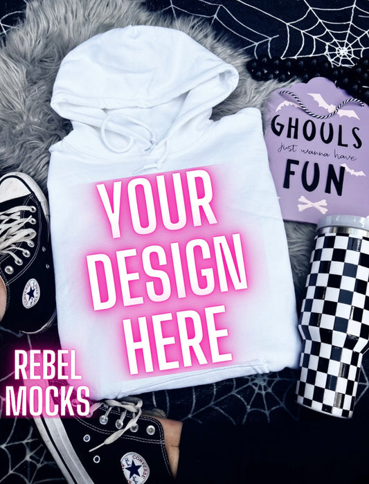 Gildan White Hoodie Sweatshirt Mock Up Flat Lay