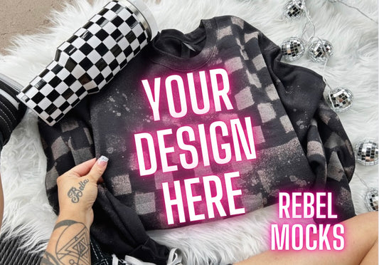 Checkered Black Acid Wash Crew Neck Sweatshirt