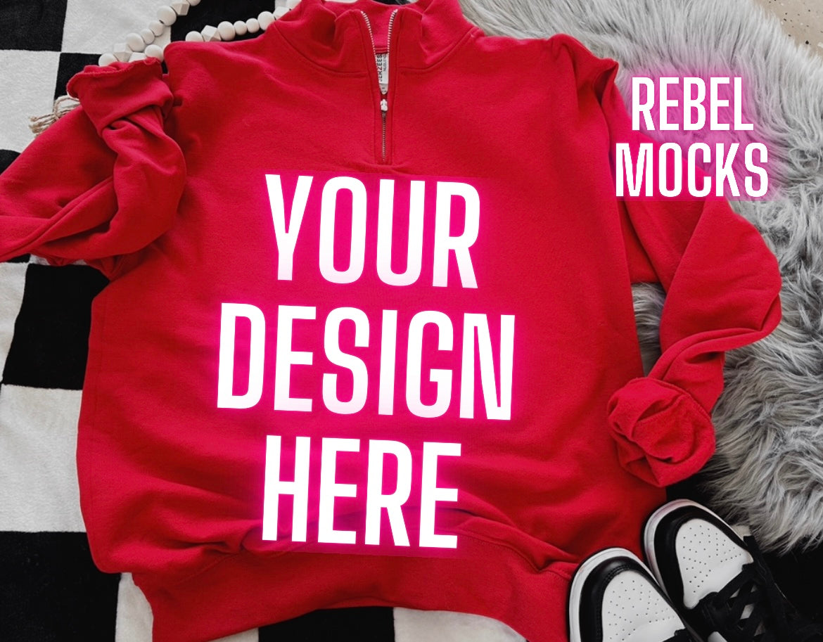 Red 1/4 Zip Up Sweatshirt Jerzees Trendy Mock Up Flat Lay