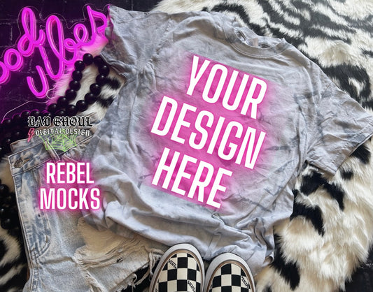 Flat Lay Dyenomite Light Blue and White tee  Mock Up Trendy Edgy Vibes