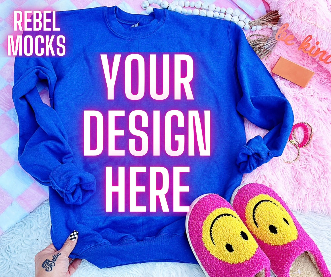 Royal Blue Crewneck Sweatshirt Happy Vibes TRENDING Flat Lay Mock up