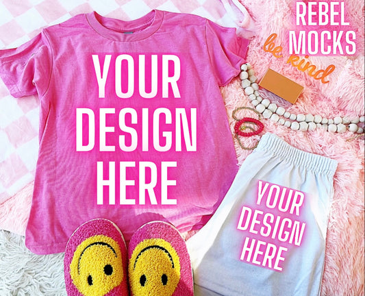 Gildan Azalea tee Happy Vibes TRENDING Flat Lay Mock up