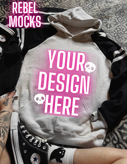 Varsity Hoodie flat lay Mock Edgy alt Vibes Mock Up