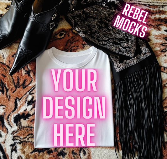 White Tee Flat Lay Mock Up Western Grunge Alt Rock N Roll Vibes