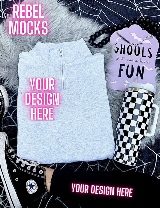 Jerzee 1/4 Zip Ash Sweatshirt Mock Up Flat Lay