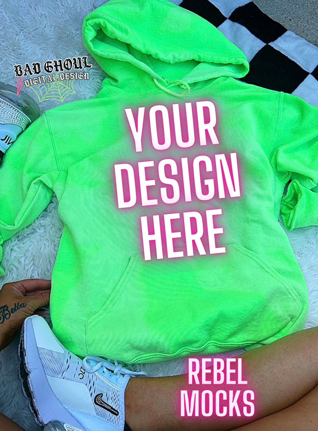 Neon Green Acid wash Hoodie Sweatshirt Flat Lay Mock Up TRENDING VIBES